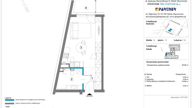 Rzut - Mieszkanie na sprzedaż 1 pokój o powierzchni 30,88 m² - numer A.1.14 w Daszyńskiego Square etap 1