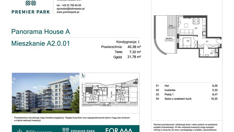Rzut - Mieszkanie na sprzedaż 2 pokoje o powierzchni 40,38 m² - numer A2.0.01 w Premier Park II
