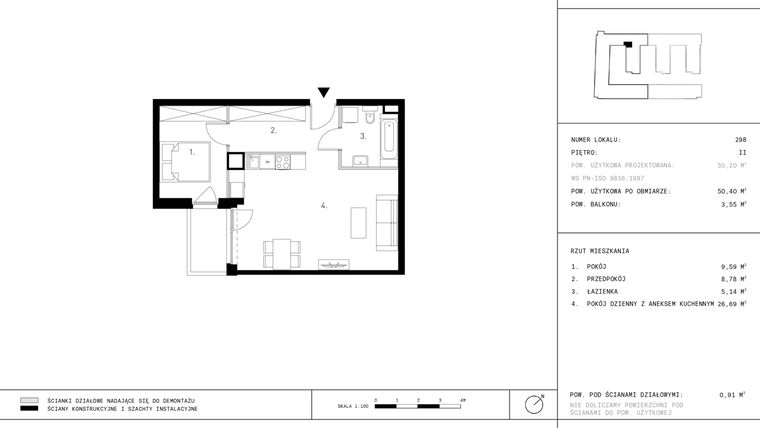Rzut - Mieszkanie na sprzedaż 2 pokoje o powierzchni 50,4 m² - numer 2.A36-298 w Jurowiecka 22