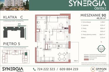 Rzut - Mieszkanie na sprzedaż 3 pokoje o powierzchni 48,26 m² - numer M90 w SYNERGIA
