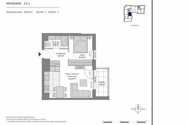 Rzut - Mieszkanie na sprzedaż 2 pokoje o powierzchni 39,83 m² - numer E.5.1 w Nowa Dąbrowa bud. DE