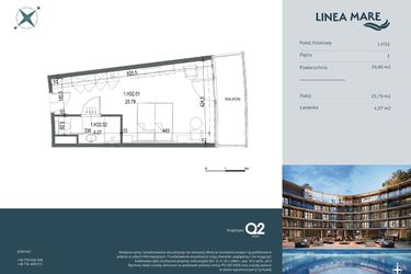Rzut - Mieszkanie na sprzedaż 1 pokój o powierzchni 29,86 m² - numer 1.H32 w Linea Mare - apartamenty inwestycyjne