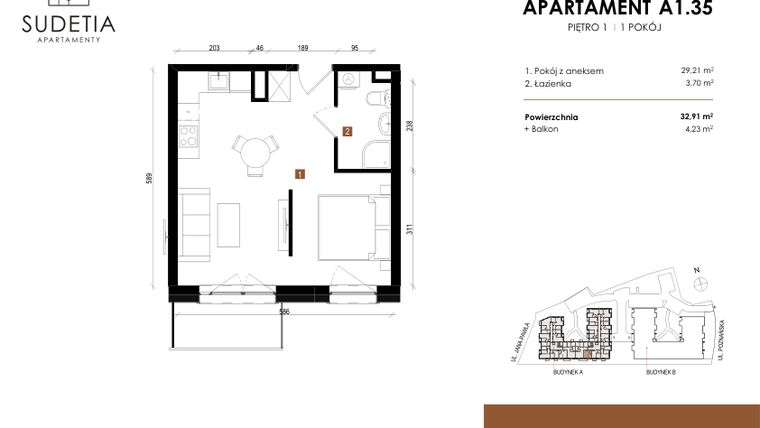 Rzut - Mieszkanie na sprzedaż 1 pokój o powierzchni 32,91 m² - numer A 1.35 w Apartamenty Sudetia