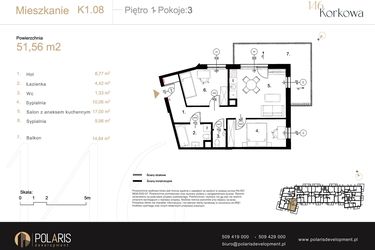 Rzut - Mieszkanie na sprzedaż 3 pokoje o powierzchni 51,56 m² - numer K1.08 w Korkowa 146