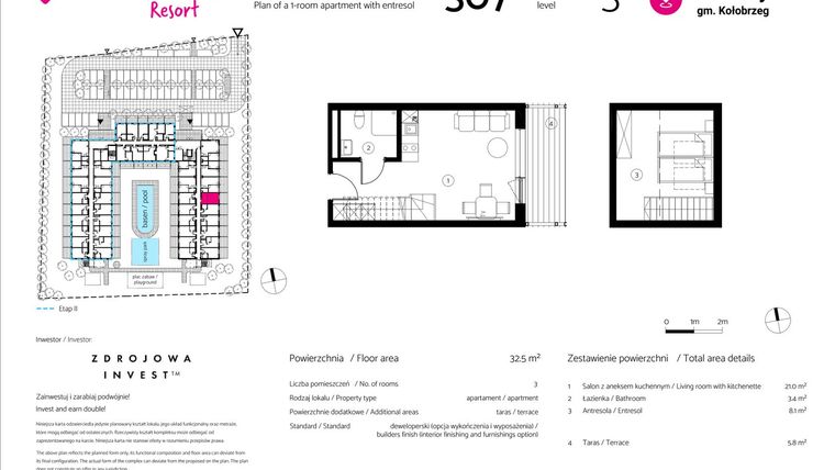 Rzut - Mieszkanie na sprzedaż 1 pokój o powierzchni 32,5 m² - numer 307 w VacationClub Resort