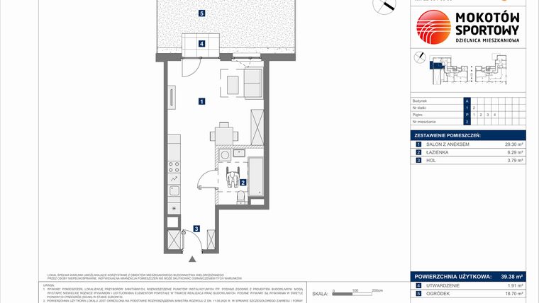 Rzut - Mieszkanie na sprzedaż 1 pokój o powierzchni 39,38 m² - numer A.2 w Mokotów Sportowy 3.1