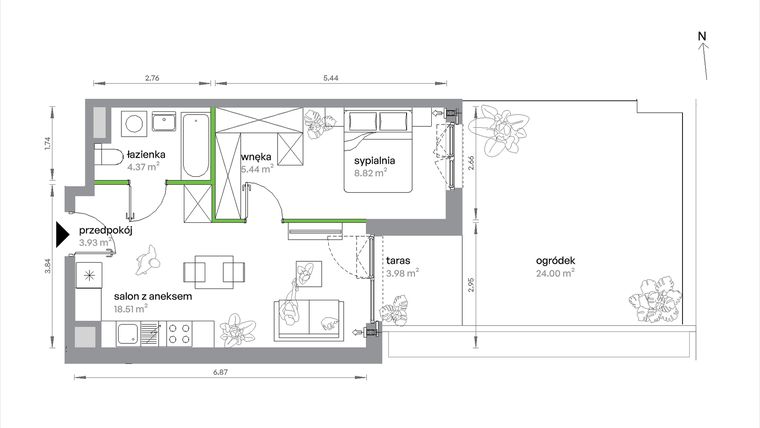 Rzut - Mieszkanie na sprzedaż 2 pokoje o powierzchni 41,07 m² - numer 1/A/1/5 w Sochaczewska Vita