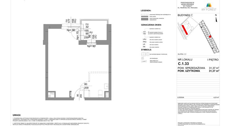 Rzut - Mieszkanie na sprzedaż 1 pokój o powierzchni 31,37 m² - numer C.1.33 w My Forest - Apartamenty inwestycyjne
