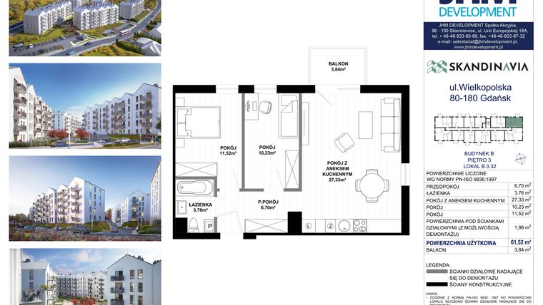 Rzut - Mieszkanie na sprzedaż 3 pokoje o powierzchni 61,52 m² - numer B.3.32 w Skandinavia