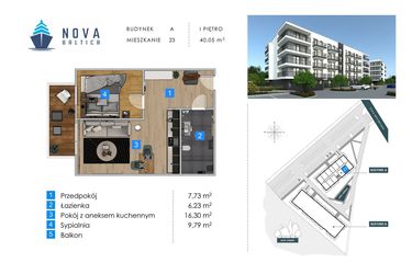 Rzut - Mieszkanie na sprzedaż 2 pokoje o powierzchni 40,05 m² - numer A23 w Nova Baltica Mieszkania Kołobrzeg