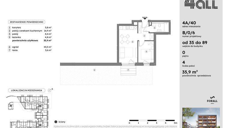 Rzut - Mieszkanie na sprzedaż 2 pokoje o powierzchni 35,78 m² - numer B/0/6 w Osiedle Mateckiego 4ALL