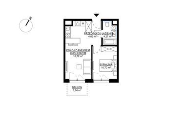 Rzut - Mieszkanie na sprzedaż 2 pokoje o powierzchni 37,72 m² - numer M49 w KWADRAT etap 2