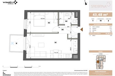 Rzut - Mieszkanie na sprzedaż 2 pokoje o powierzchni 43,48 m² - numer 11 w Srebrna 5