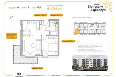 Rzut - Mieszkanie na sprzedaż 2 pokoje o powierzchni 44,34 m² - numer 4/M/1/5 w Osiedle Słoneczny Łąkoszyn bud. 4