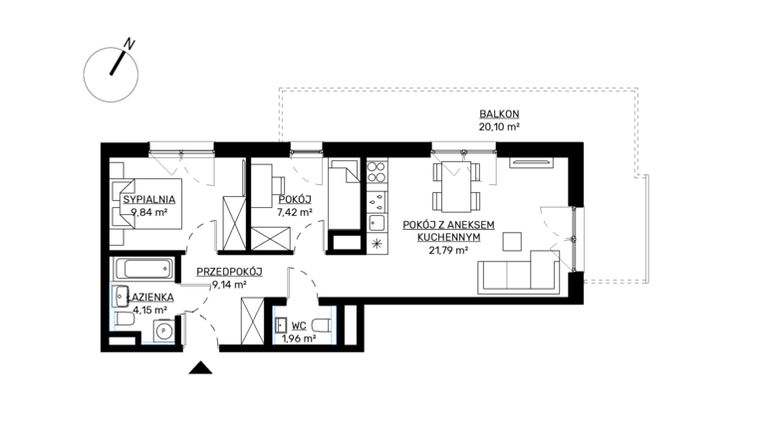 Rzut - Mieszkanie na sprzedaż 3 pokoje o powierzchni 54,3 m² - numer M80 w KWADRAT etap 2
