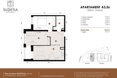 Rzut - Mieszkanie na sprzedaż 3 pokoje o powierzchni 56,66 m² - numer A 3.56 w Apartamenty Sudetia