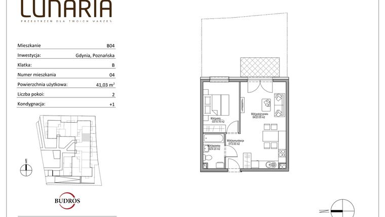 Rzut - Mieszkanie na sprzedaż 2 pokoje o powierzchni 41,03 m² - numer B04 w Lunaria