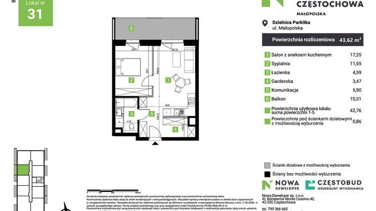 Rzut - Mieszkanie na sprzedaż 2 pokoje o powierzchni 43,62 m² - numer D31 w Nowa Częstochowa Małopolska etap II