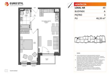 Rzut - Mieszkanie na sprzedaż 2 pokoje o powierzchni 46,39 m² - numer A.49 w Jaskółcza