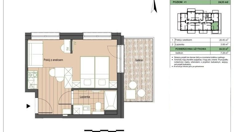 Rzut - Mieszkanie na sprzedaż 2 pokoje o powierzchni 24,33 m² - numer M12 w Stegna Forest 2