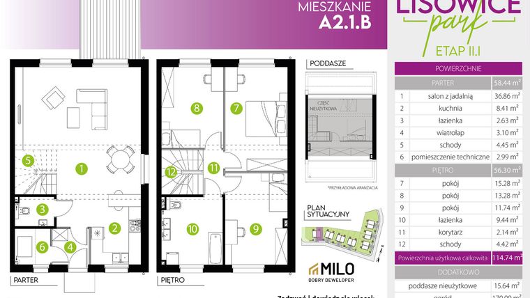 Rzut - Mieszkanie na sprzedaż 4 pokoje o powierzchni 114,74 m² - numer A.2.1.B w Lisowice Milo Dobry Deweloper