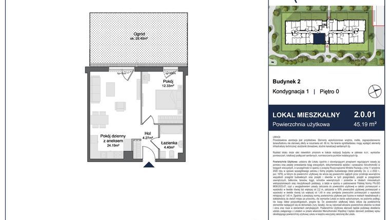 Rzut - Mieszkanie na sprzedaż 2 pokoje o powierzchni 45,19 m² - numer 2.0.01 w Rytelska
