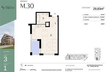 Rzut - Mieszkanie na sprzedaż 1 pokój o powierzchni 29,83 m² - numer A - M.30 w Dzielnica Trust