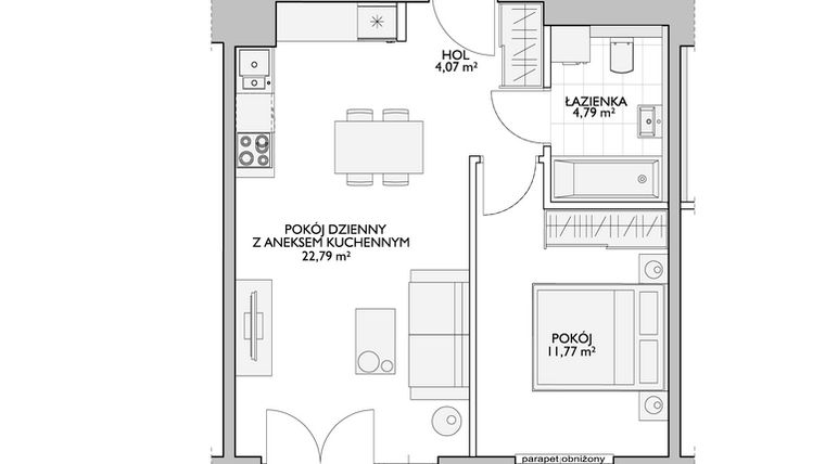 Rzut - Mieszkanie na sprzedaż 2 pokoje o powierzchni 44,58 m² - numer WO/P33/43 w Wiszące Ogrody