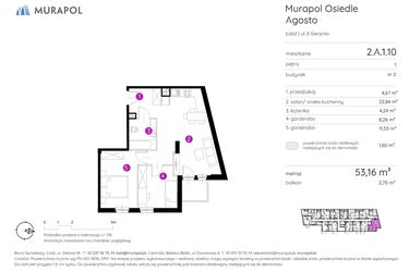 Rzut - Mieszkanie na sprzedaż 1 pokój o powierzchni 53,16 m² - numer 2.A.1.10 w Murapol Agosto
