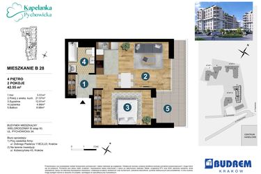 Rzut - Mieszkanie na sprzedaż 2 pokoje o powierzchni 42,55 m² - numer B28 w Kapelanka-Pychowicka Etap III