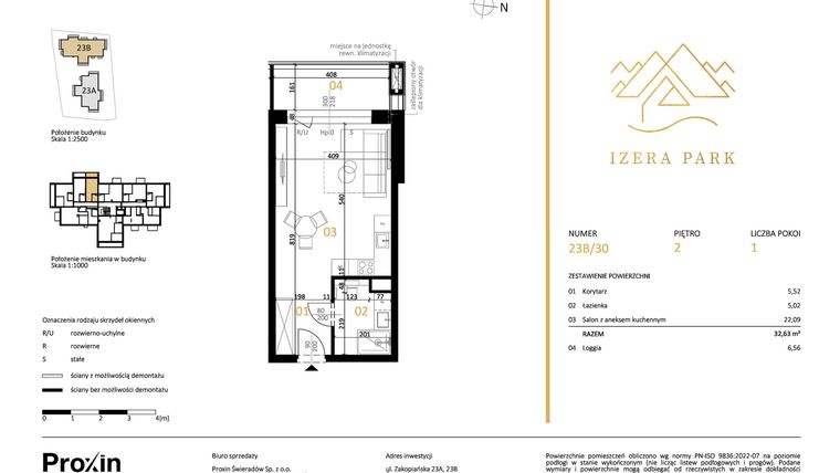 Rzut - Mieszkanie na sprzedaż 1 pokój o powierzchni 32,63 m² - numer 23B/30 w Izera Park