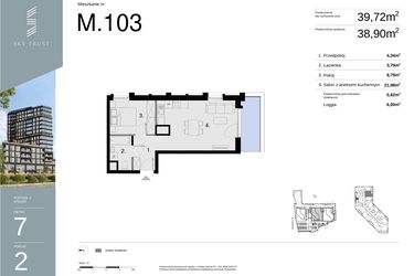 Rzut - Mieszkanie na sprzedaż 2 pokoje o powierzchni 39,72 m² - numer M103 w Sky Trust etap II