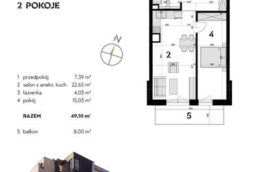 Rzut - Mieszkanie na sprzedaż 2 pokoje o powierzchni 49,1 m² - numer OK-23 w OKI DOKI