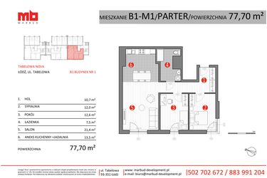 Rzut - Mieszkanie na sprzedaż 3 pokoje o powierzchni 77,7 m² - numer B1-M1 w Tabelowa NOVA