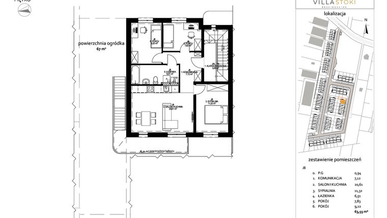 Rzut - Mieszkanie na sprzedaż 4 pokoje o powierzchni 63,55 m² - numer J8 w Villa Stoki (mieszkania)