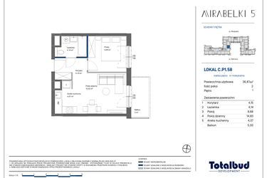 Rzut - Mieszkanie na sprzedaż 2 pokoje o powierzchni 37,02 m² - numer C.P1.58 w Mirabelki 5