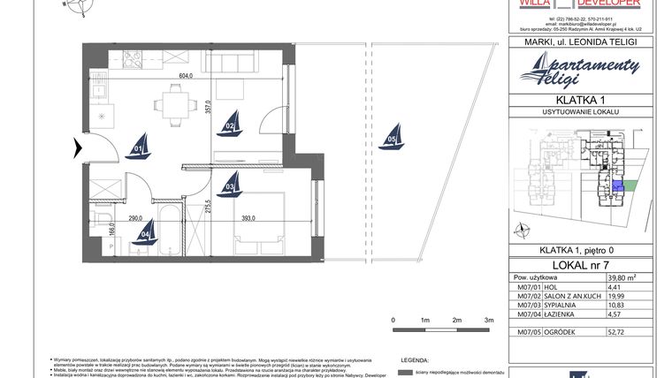 Rzut - Mieszkanie na sprzedaż 2 pokoje o powierzchni 39,8 m² - numer 7 w Apartamenty Teligi