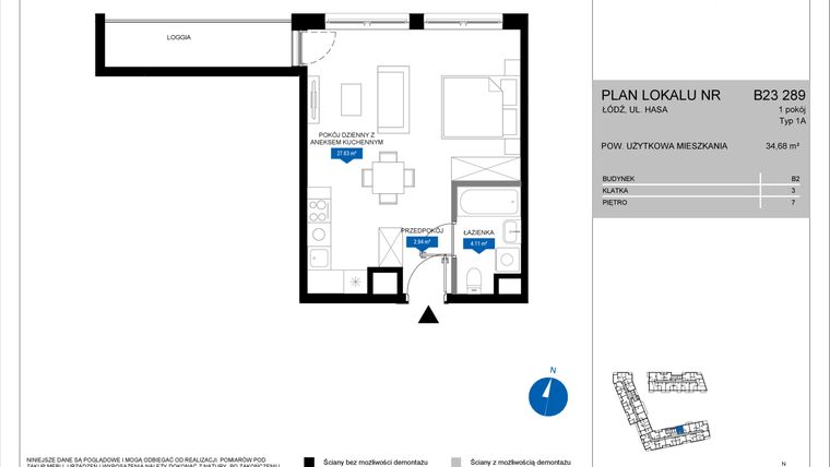 Rzut - Mieszkanie na sprzedaż 1 pokój o powierzchni 34,68 m² - numer B23 289 w Flow - bud. B2 A i bud. B2 B