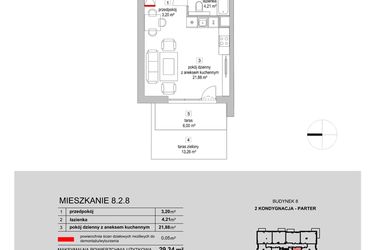 Rzut - Mieszkanie na sprzedaż 1 pokój o powierzchni 29,34 m² - numer 8.2.8 w Osiedle Przyjemne III