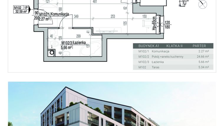 Rzut - Mieszkanie na sprzedaż 1 pokój o powierzchni 32,59 m² - numer 102 w Aleja