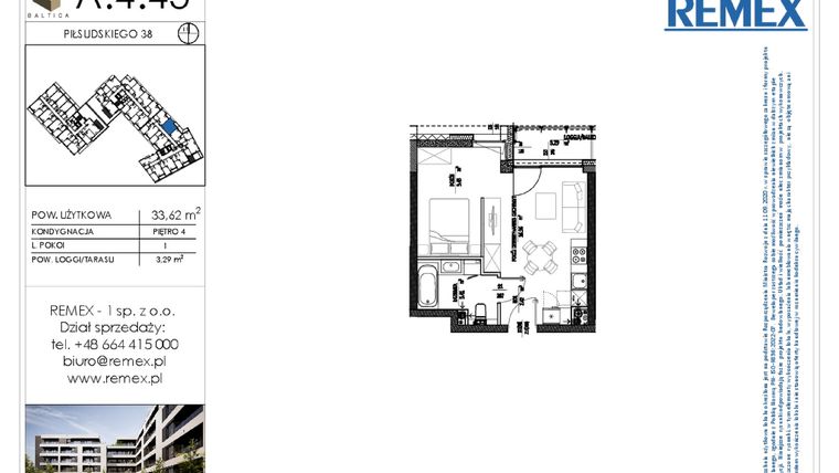 Rzut - Mieszkanie na sprzedaż 1 pokój o powierzchni 33,62 m² - numer A.4.43 w Osiedle BALTICA