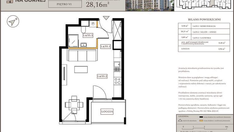 Rzut - Mieszkanie na sprzedaż 1 pokój o powierzchni 27,68 m² - numer M55 w Osiedle Na Górnej etap V