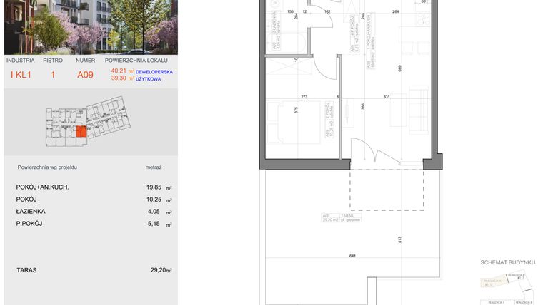 Rzut - Mieszkanie na sprzedaż 2 pokoje o powierzchni 39,3 m² - numer I-A9 w Industria etap I-A