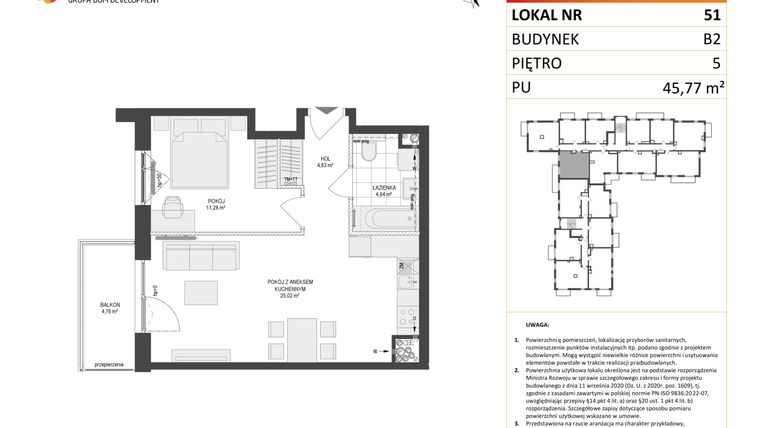 Rzut - Mieszkanie na sprzedaż 2 pokoje o powierzchni 45,77 m² - numer 51 w Locus 2 bud. B2
