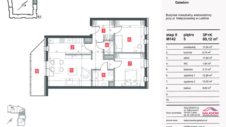 Rzut - Mieszkanie na sprzedaż 3 pokoje o powierzchni 69,12 m² - numer M-142 w Nałęczowska etap II