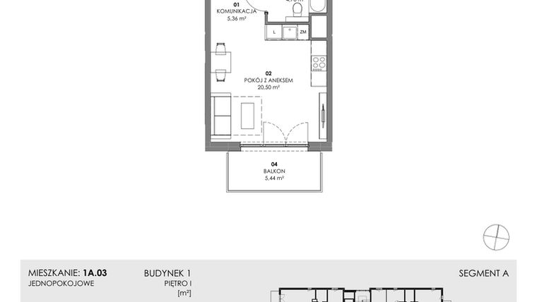 Rzut - Mieszkanie na sprzedaż 1 pokój o powierzchni 30,56 m² - numer 1A.03 w Akacjowa Wita