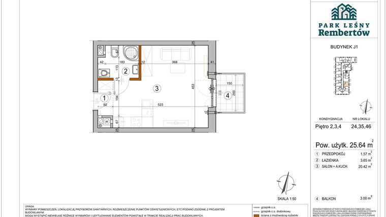 Rzut - Mieszkanie na sprzedaż 1 pokój o powierzchni 25,64 m² - numer J1-46 w Park Leśny Rembertów etap VIII