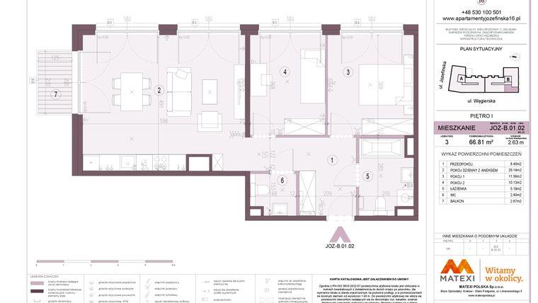 Rzut - Mieszkanie na sprzedaż 3 pokoje o powierzchni 66,81 m² - numer B.01.02 w Apartamenty Józefińska