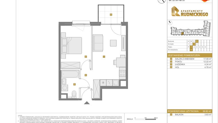 Rzut - Mieszkanie na sprzedaż 2 pokoje o powierzchni 38,82 m² - numer D.90 w Apartamenty Rudnickiego