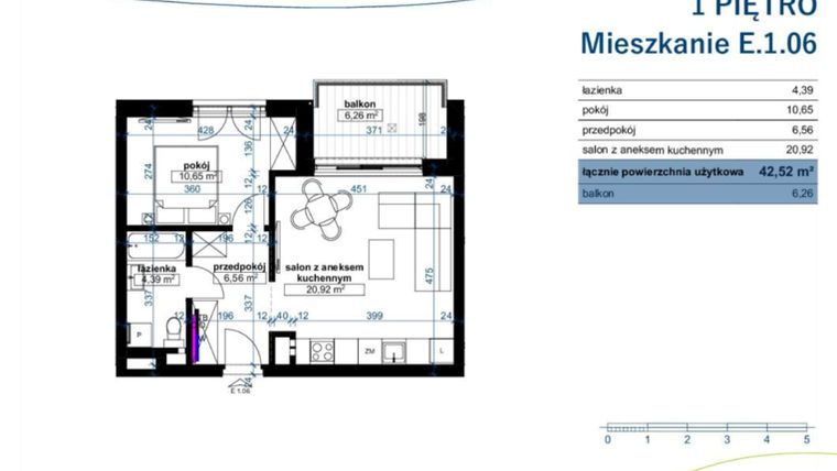 Rzut - Mieszkanie na sprzedaż 2 pokoje o powierzchni 42,52 m² - numer E.1.06 w Wzgórze Poetów 2